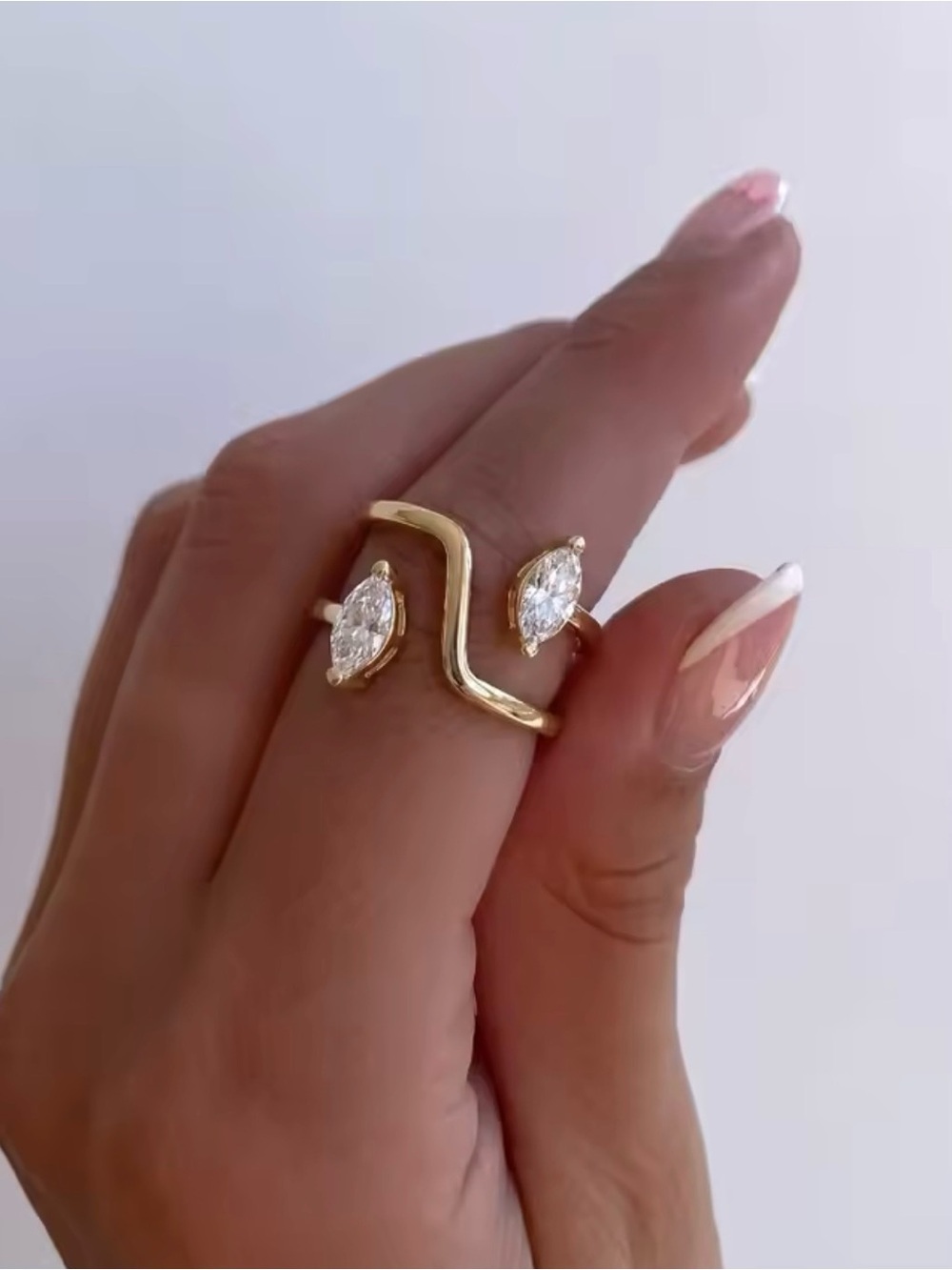 Sterling Silver Double Layer Gold Open Ring with Marquise CZ  - Women's Jewelry